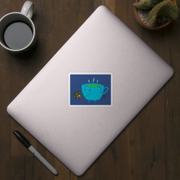 A Cup of Tea Solves Everything - cute and fun tea cup on blue by Green Paladin